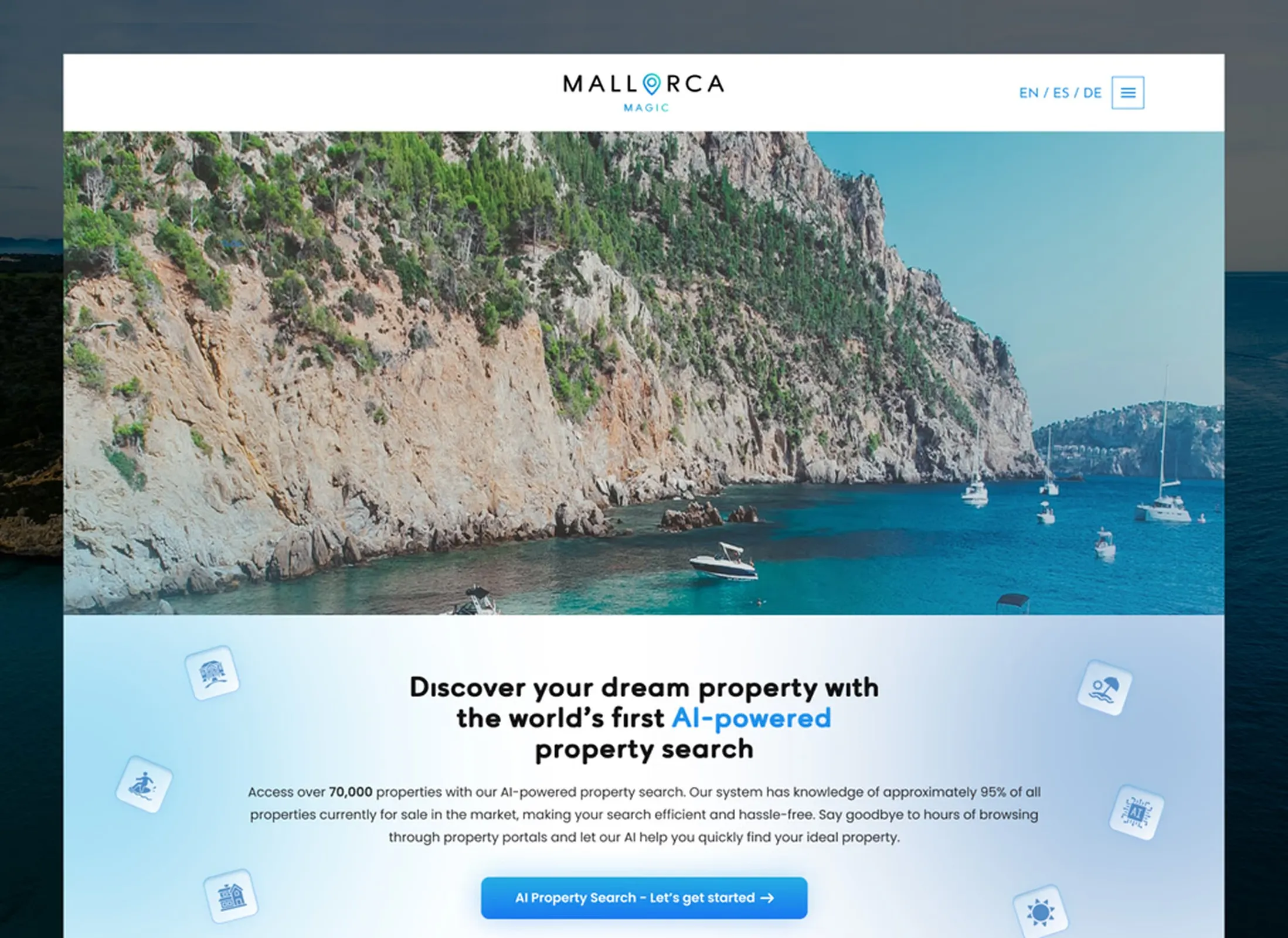 The MallorcaMagic homepage: a Mallorca coastline photo above the AI property search introduction.