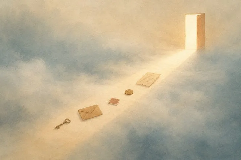 A path of light through clouds toward an open, glowing door, with a key, an envelope, a stamp, a coin and a document laid along it.