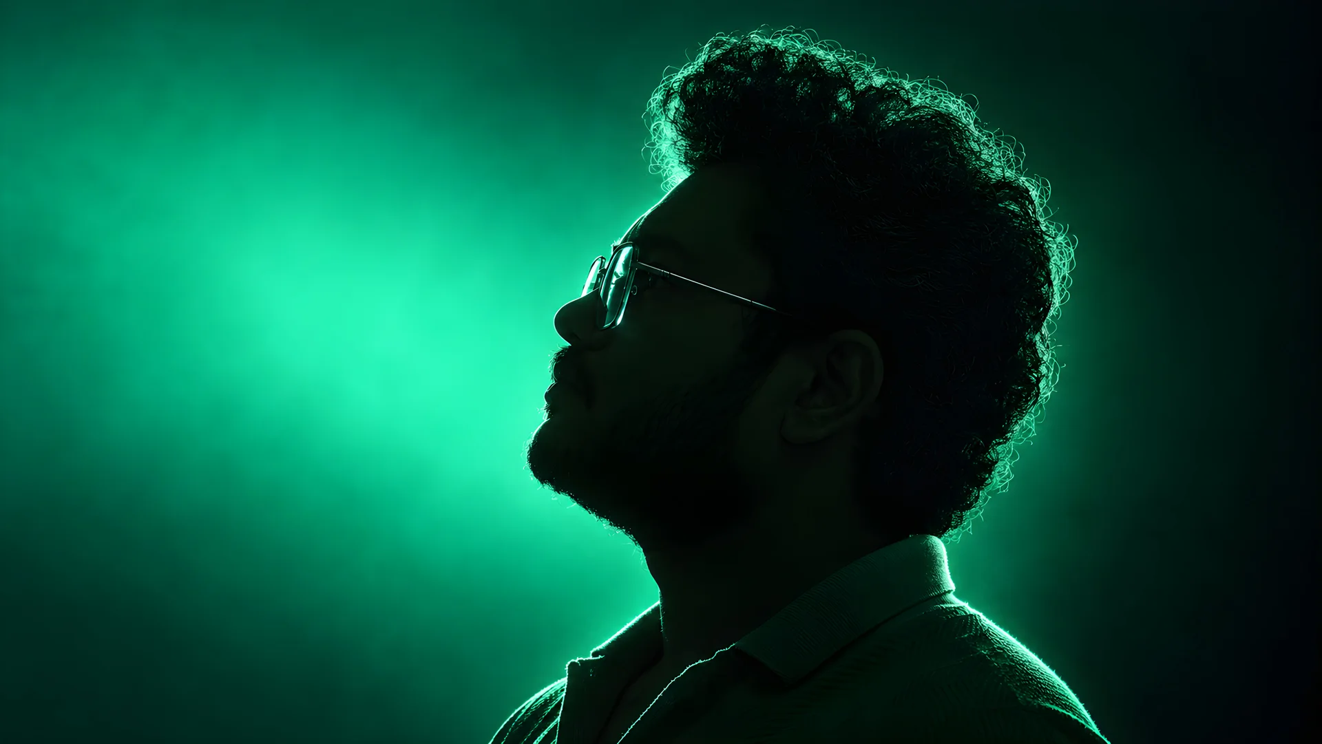 Mohammad Aminur Rahman Maruf in profile, backlit in emerald light