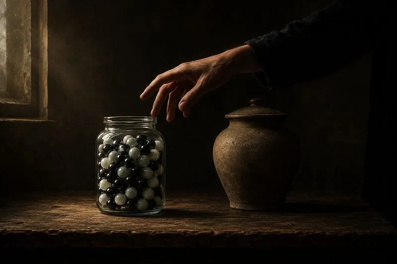 A hand reaches toward a glass jar full of black and white marbles, next to a closed clay pot, on a dark wooden table.