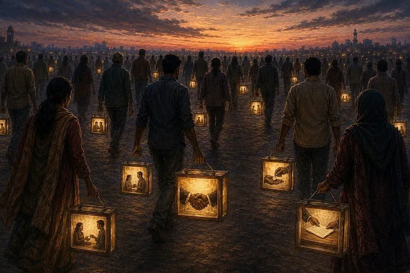 At dusk, a crowd walks across an open plain, each person carrying a glowing lantern that shows a moment between two people: a handshake, a conversation, a shared page.