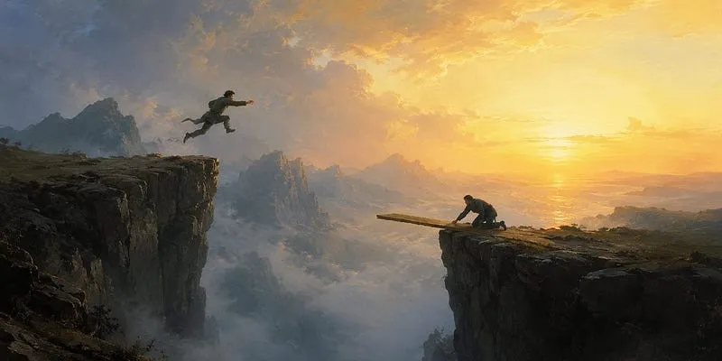 A man leaps across a misty chasm while another, on the far cliff, pushes a plank out to meet him.