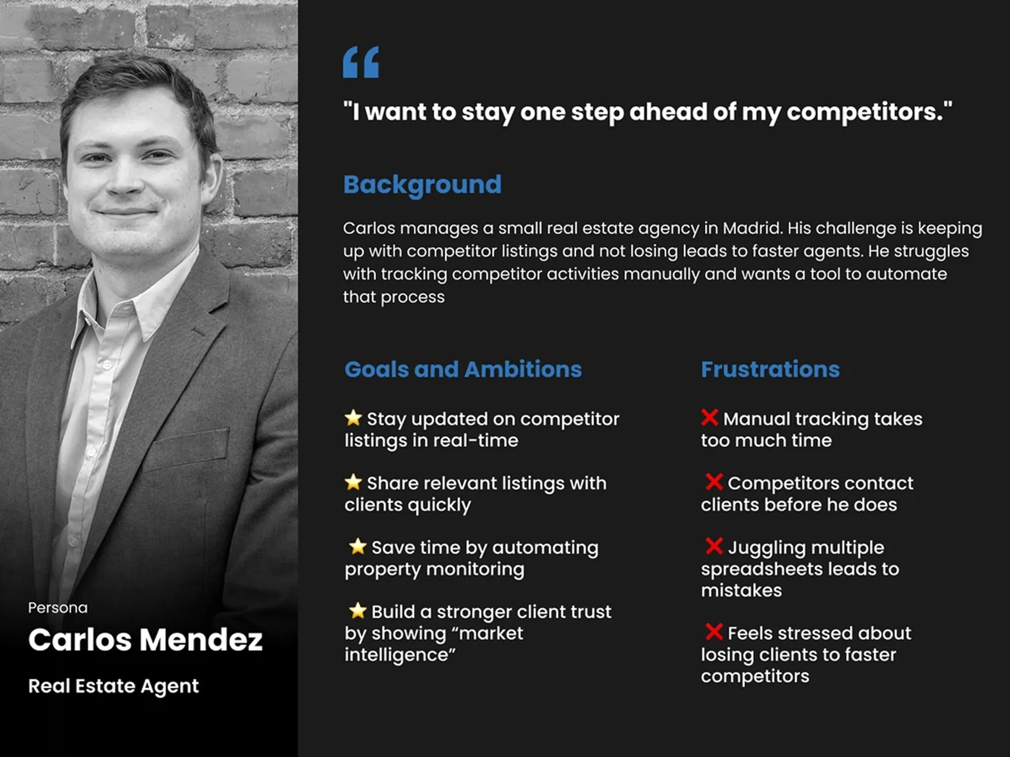 Persona: Carlos Mendez, a real estate agent who runs a small agency in Madrid and wants to stay one step ahead of his competitors.