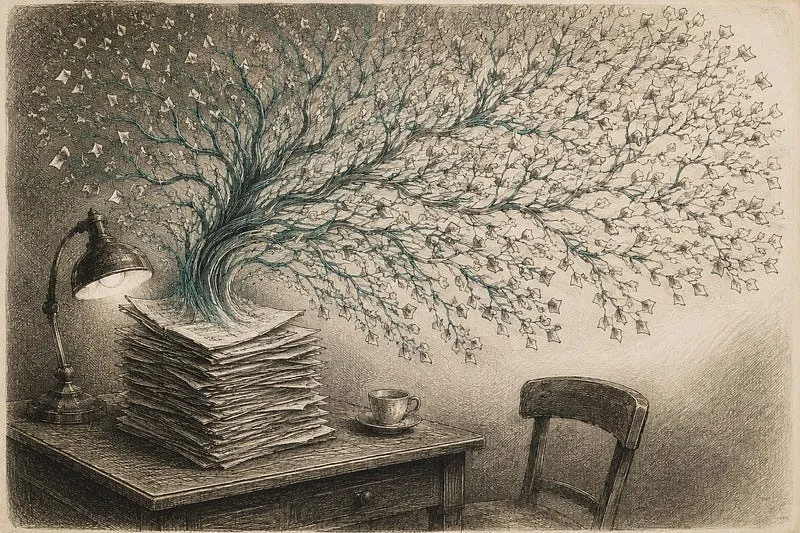 A pencil drawing of a tall stack of papers on a desk lamp-lit table, with a tree of branches growing out of the pages and spreading across the wall.